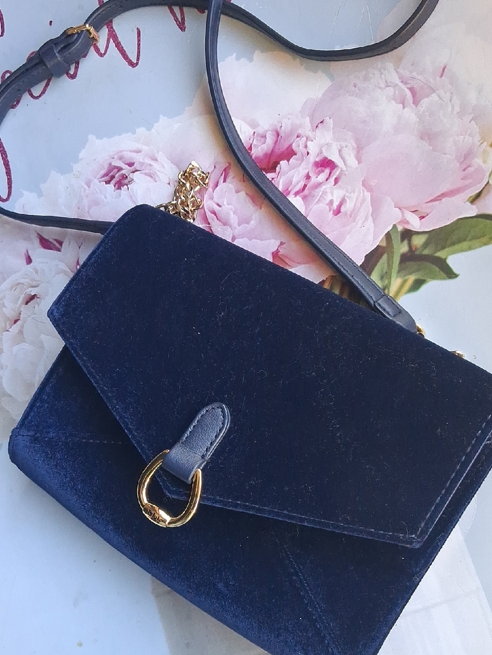 Lauren Ralph Lauren Navy Velvet Envelope Clutch with Gold Hardware